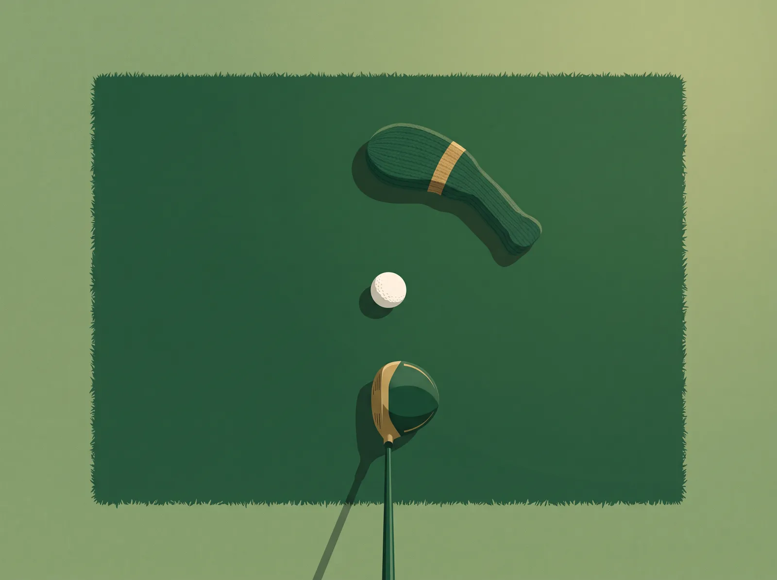 Seen from above: a ball on a range mat, a driver behind it and a headcover just beyond it