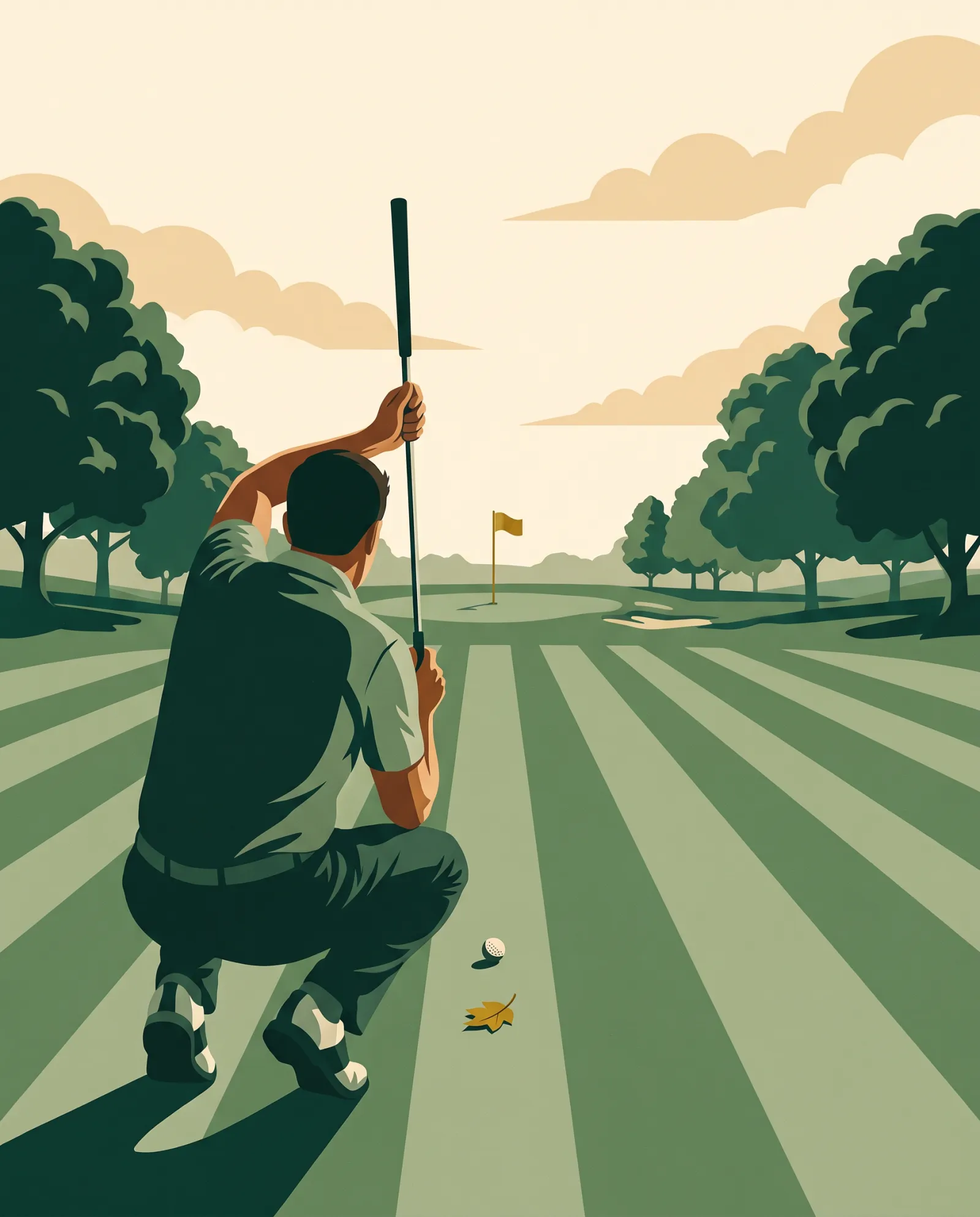 A golfer crouches behind his ball and lines up a leaf on the ground with the distant flag