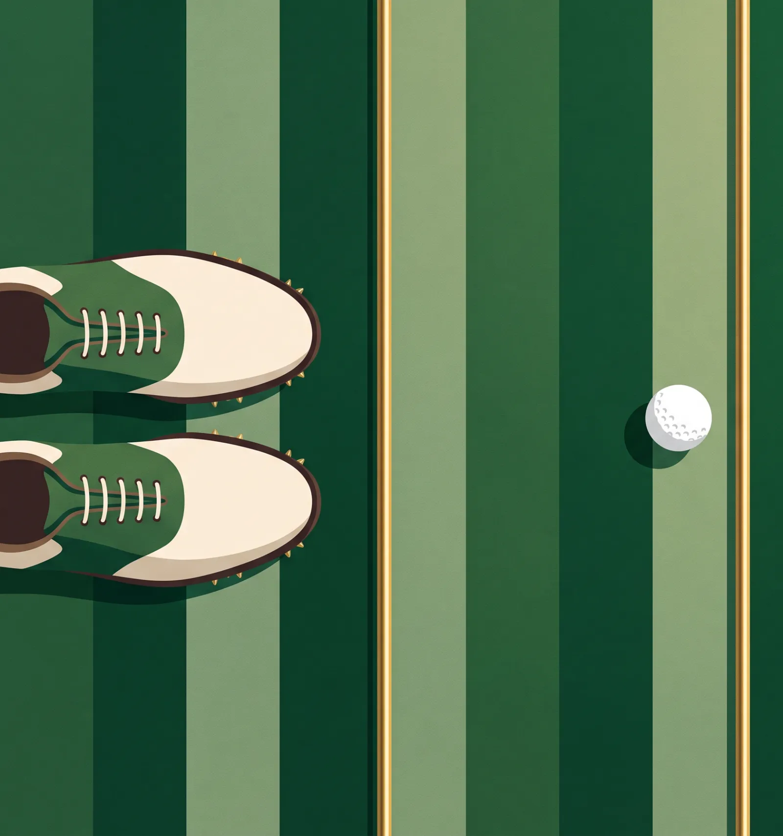 Seen from above: two parallel alignment sticks on the grass, a ball between them and a golfer's shoes beside them