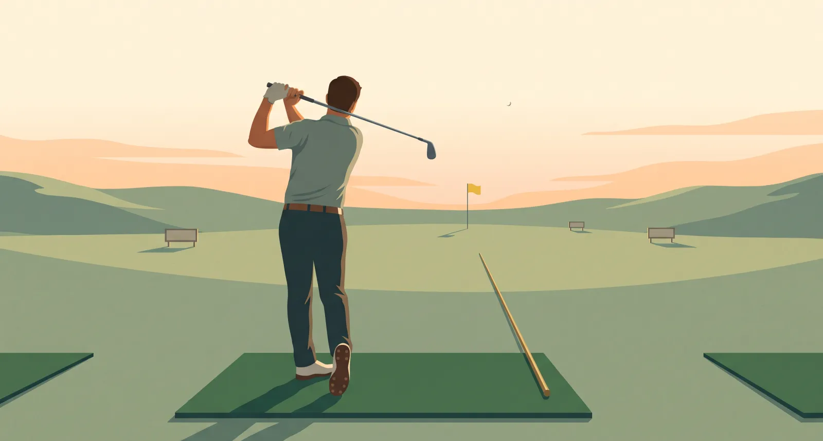 A golfer holds his finish on a driving range, watching the ball fly toward a target flag