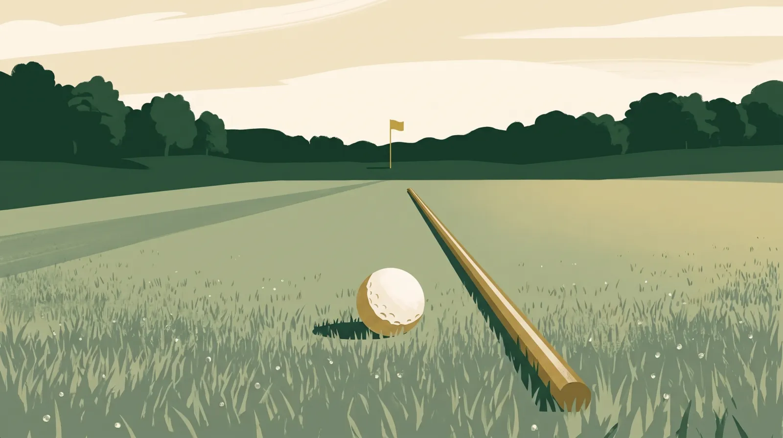 An alignment stick on the grass next to a ball, pointing at a distant flag