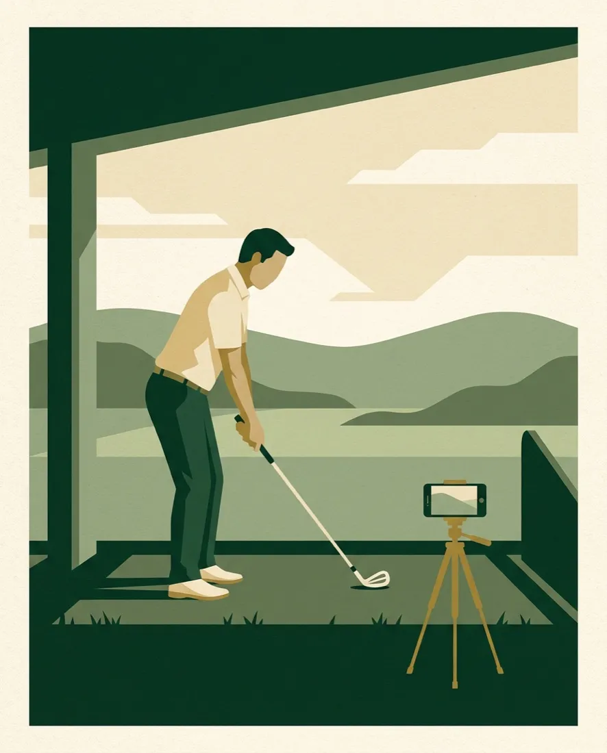 A golfer at address on a covered range, a phone on a tripod filming from the side