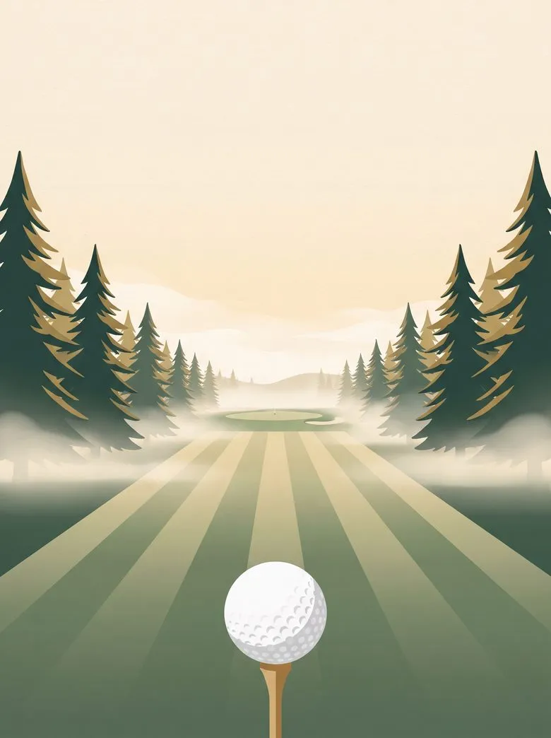 A golf ball on a tee, looking down a misty fairway lined with pines
