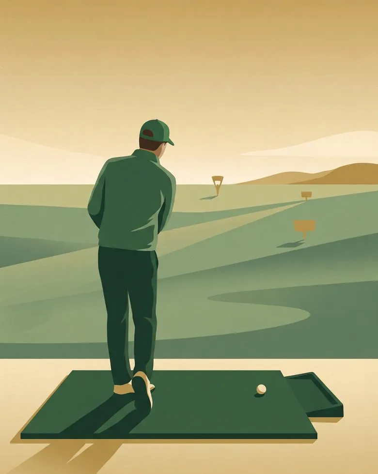 A golfer on a range mat looking out at the targets